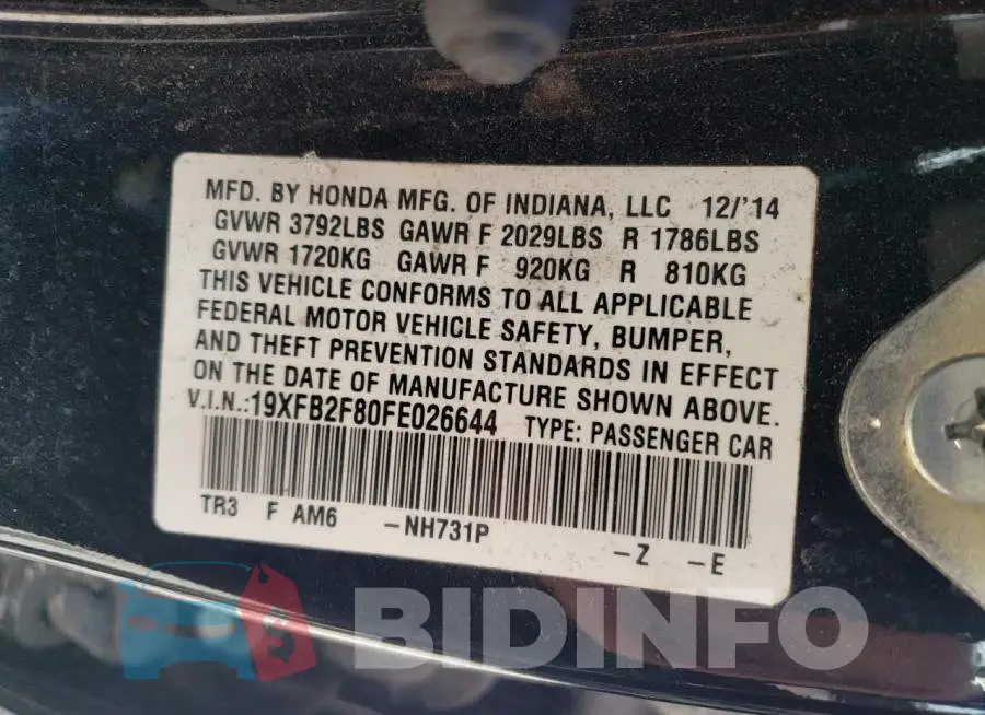19XFB2F80FE026644 Photo# 12