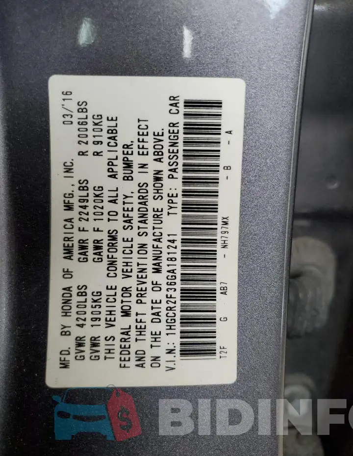 1HGCR2F36GA181241 Photo# 13
