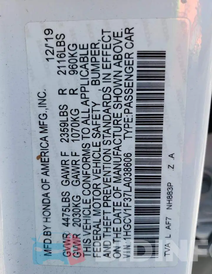 1HGCV1F37LA038606 Photo# 12