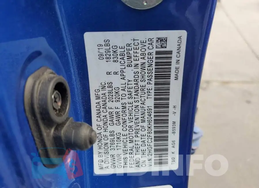 2HGFC2F80KH604691 Photo# 13