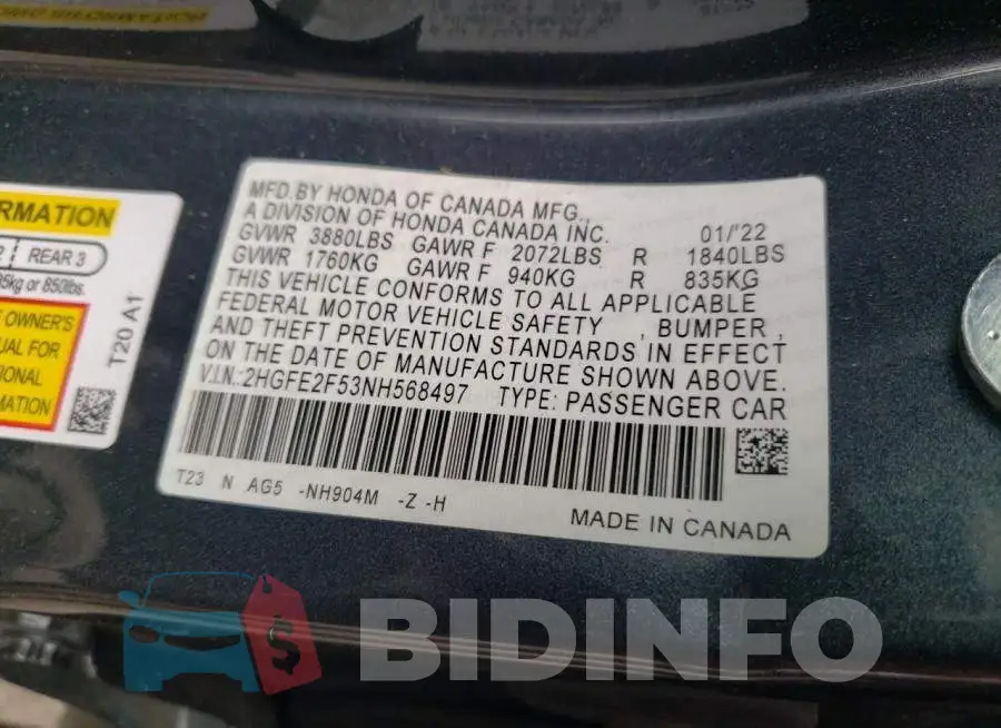 2HGFE2F53NH568497 Photo# 13