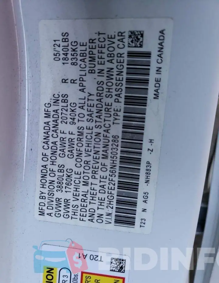2HGFE2F56NH503286 Photo# 13