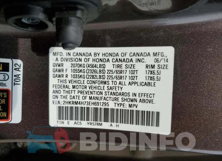 2HKRM4H73EH691295 Photo# 13