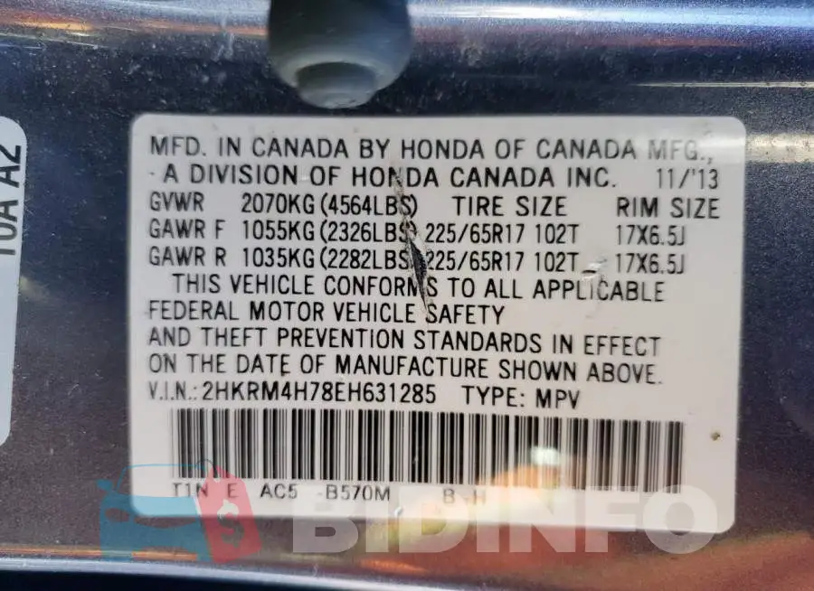 2HKRM4H78EH631285 Photo# 13