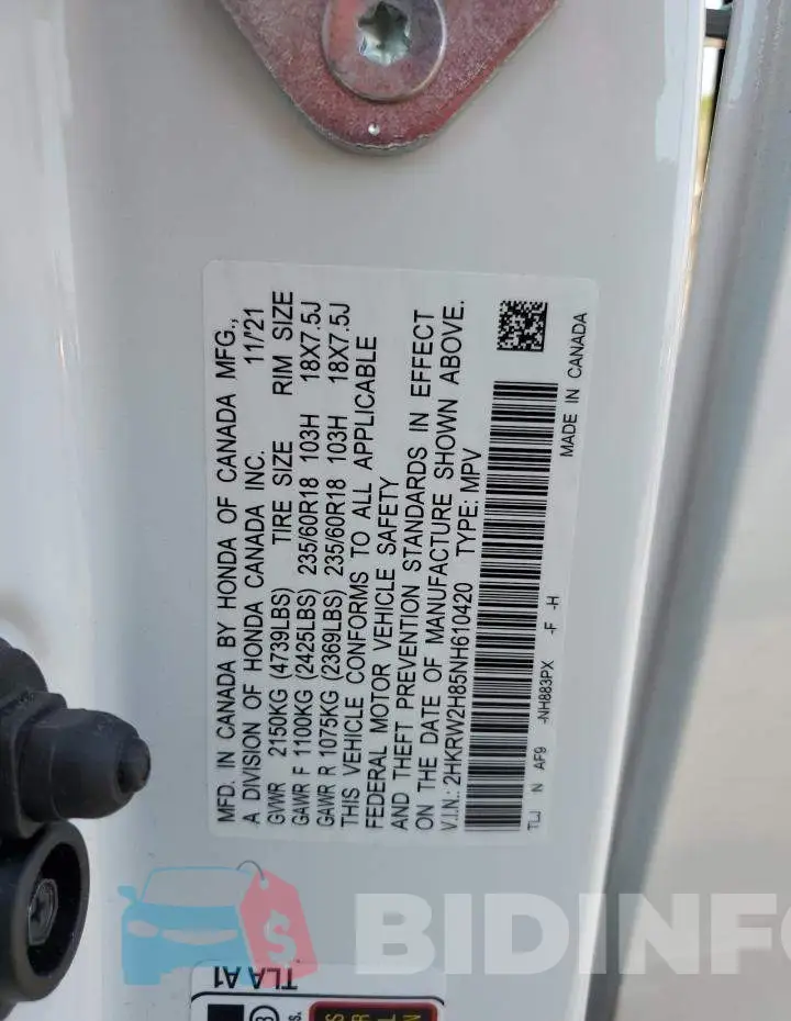 2HKRW2H85NH610420 Photo# 13