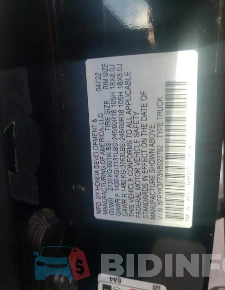 5FPYK3F73NB023792 Photo# 13