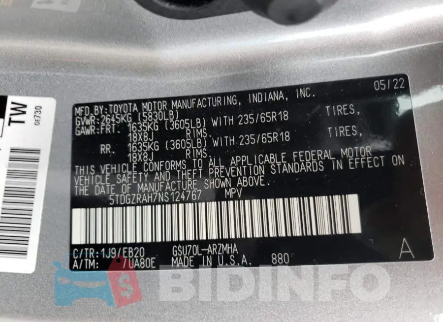 5TDGZRAH7NS124767 Photo# 14