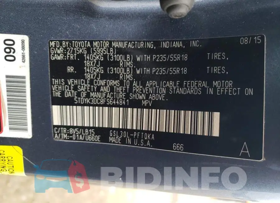 5TDYK3DC8FS644841 Photo# 14