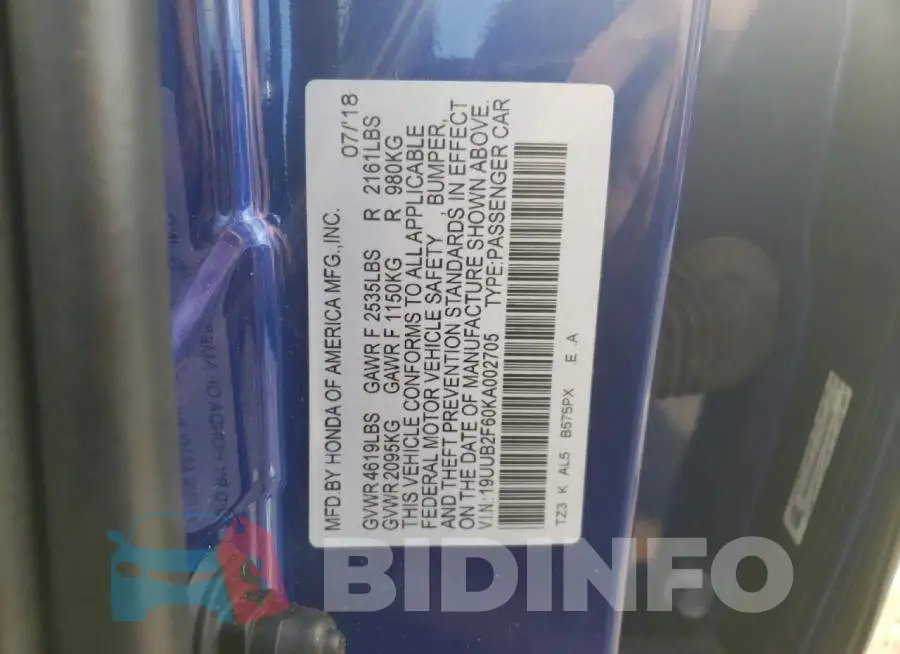 19UUB2F60KA002705 Photo# 12