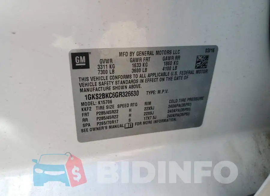 1GKS2BKC6GR326630 Photo# 14