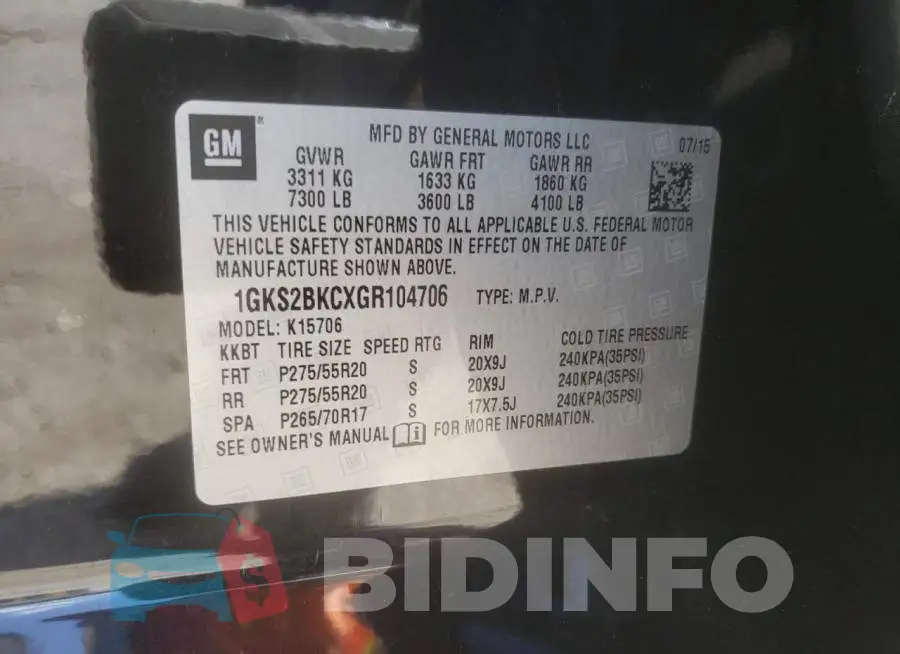 1GKS2BKCXGR104706 Photo# 13
