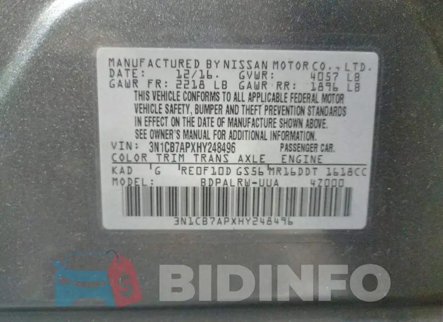 3N1CB7APXHY248496 Photo# 13