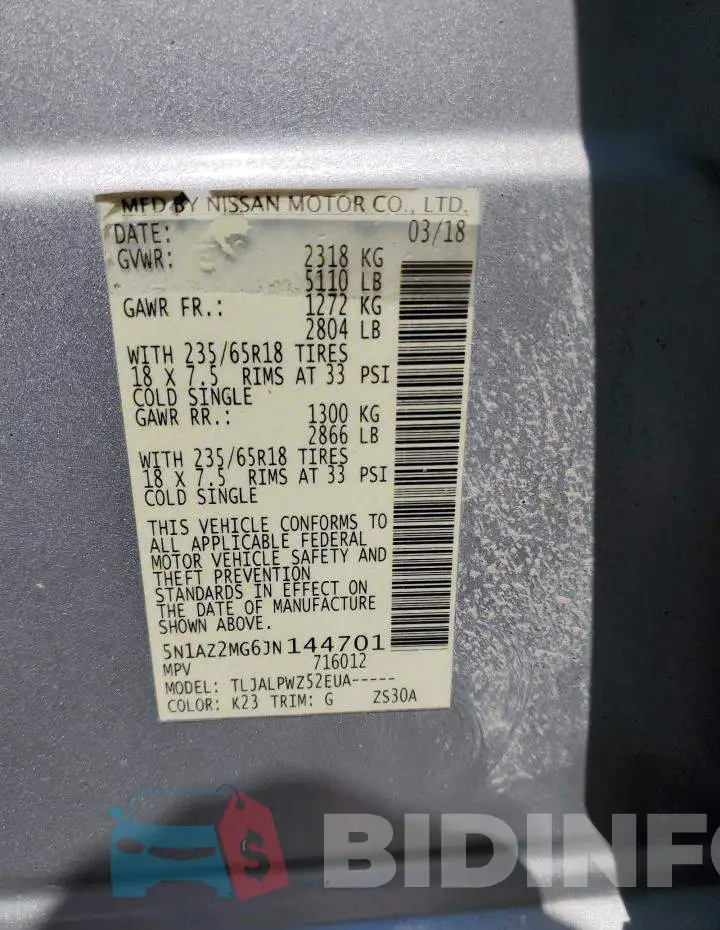 5N1AZ2MG6JN144701 Photo# 13