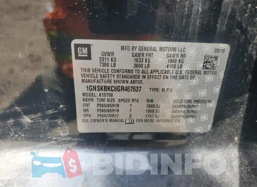 1GNSKBKC8GR467637 Photo# 13