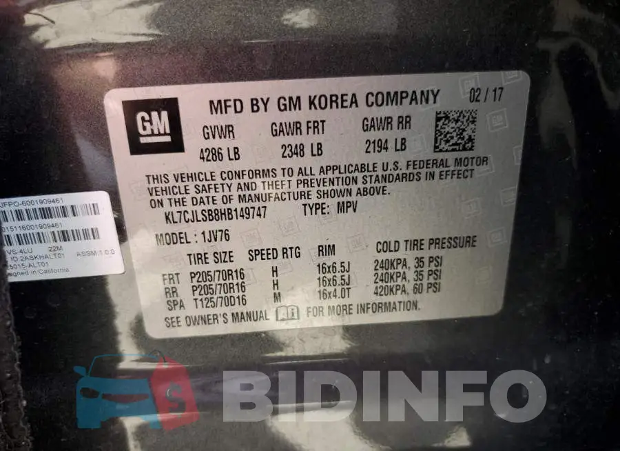 KL7CJLSB8HB149747 Photo# 13