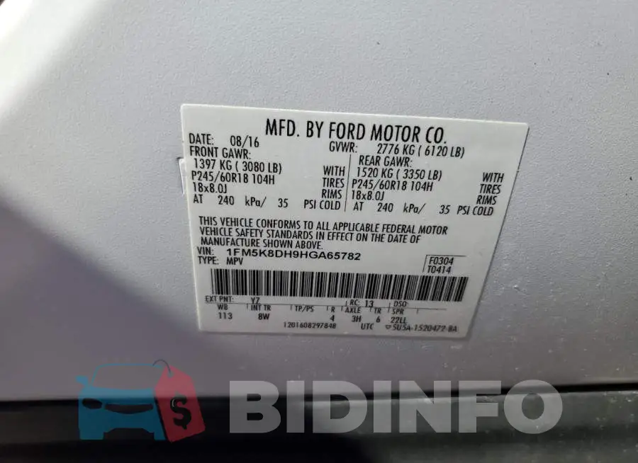 1FM5K8DH9HGA65782 Photo# 13