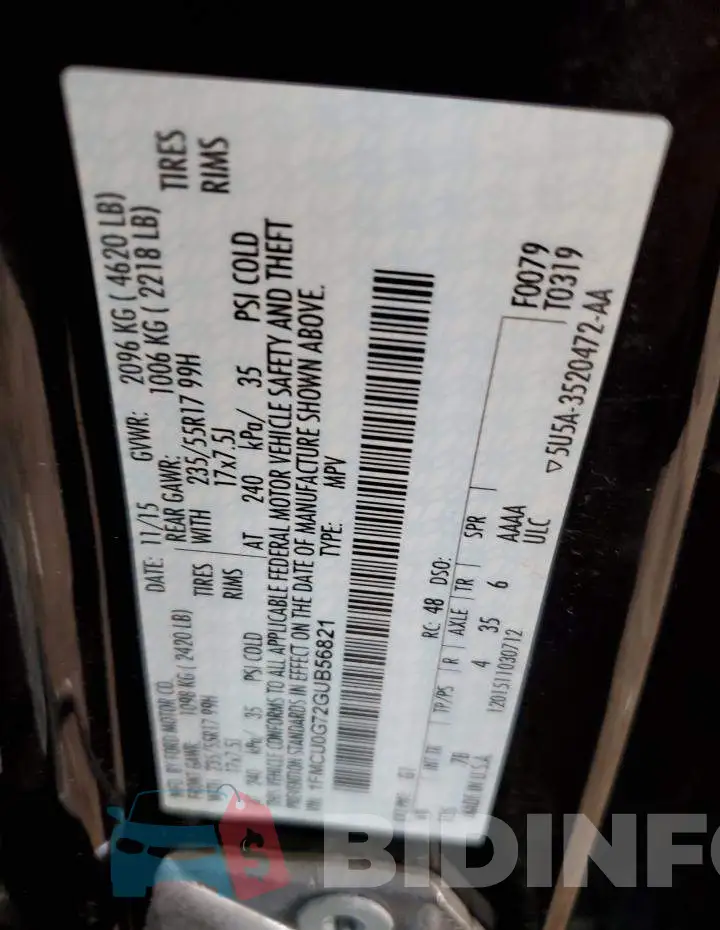 1FMCU0G72GUB56821 Photo# 12