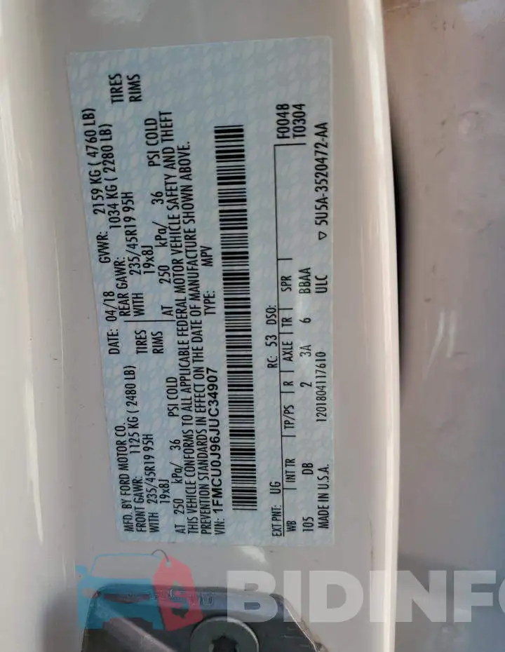 1FMCU0J96JUC34907 Photo# 12