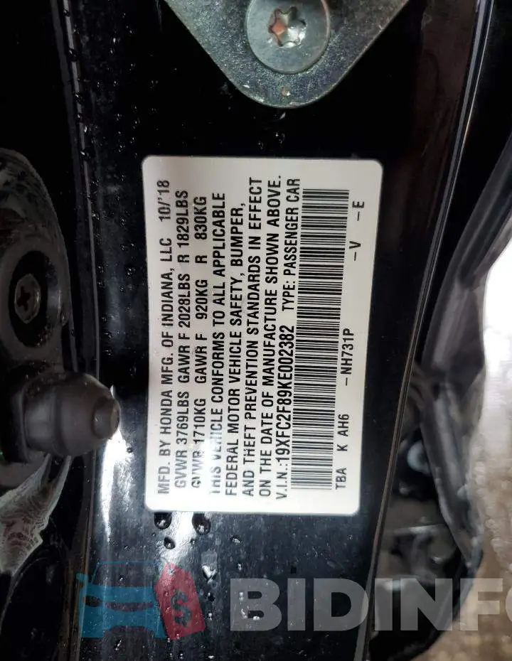 19XFC2F89KE002382 Photo# 12