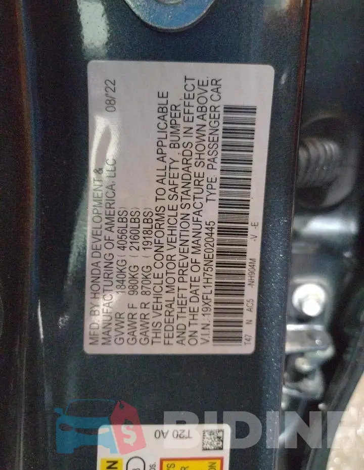 19XFL1H75NE020445 Photo# 13
