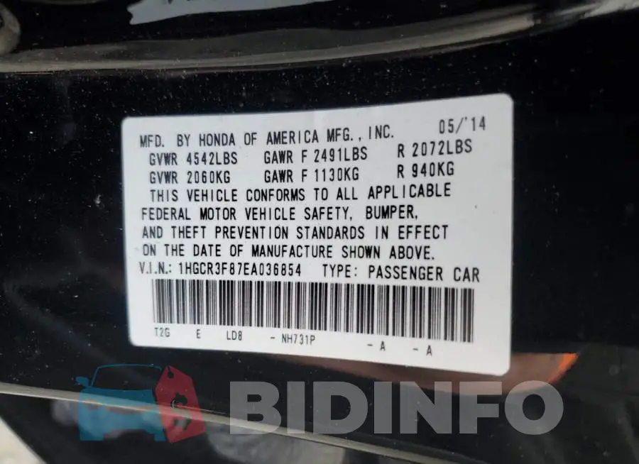 1HGCR3F87EA036854 Photo# 13