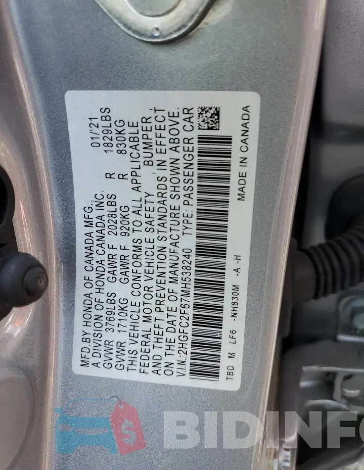 2HGFC2F67MH538240 Photo# 12
