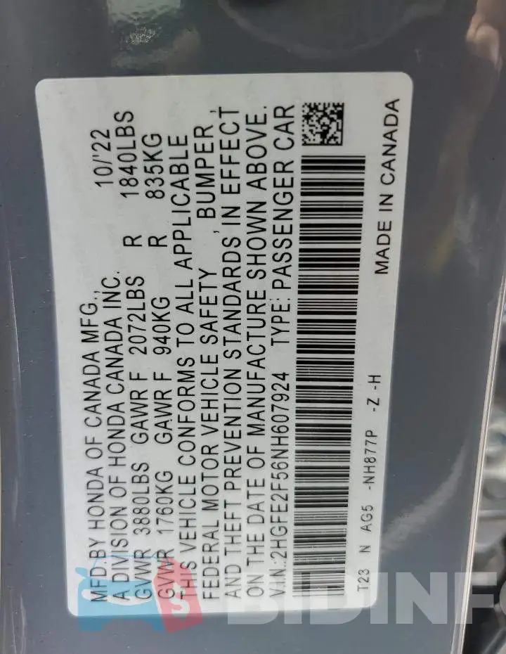 2HGFE2F56NH607924 Photo# 12