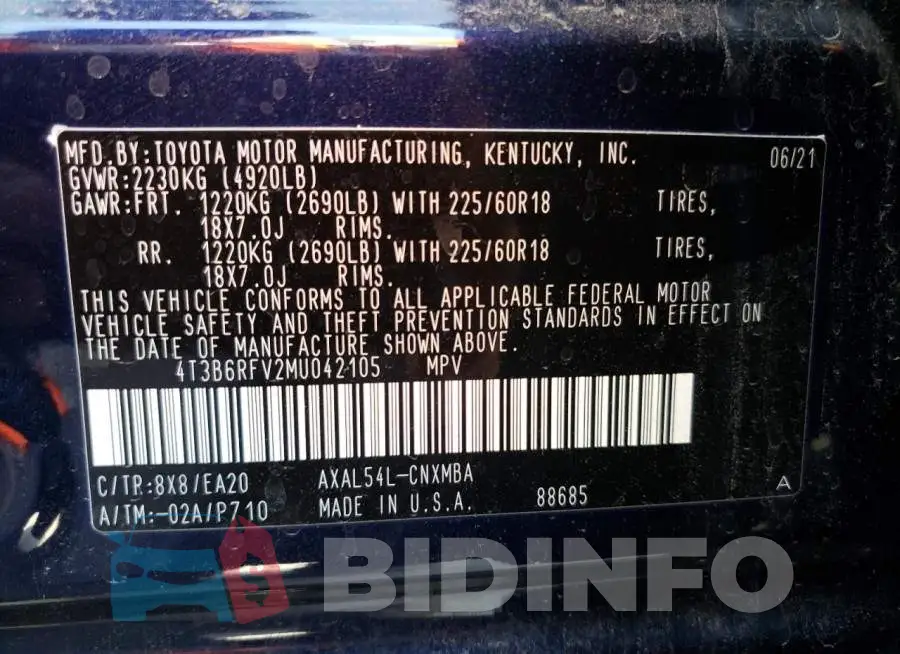 4T3B6RFV2MU042105 Photo# 13