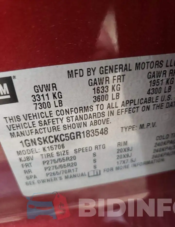 1GNSKCKC5GR183548 Photo# 12