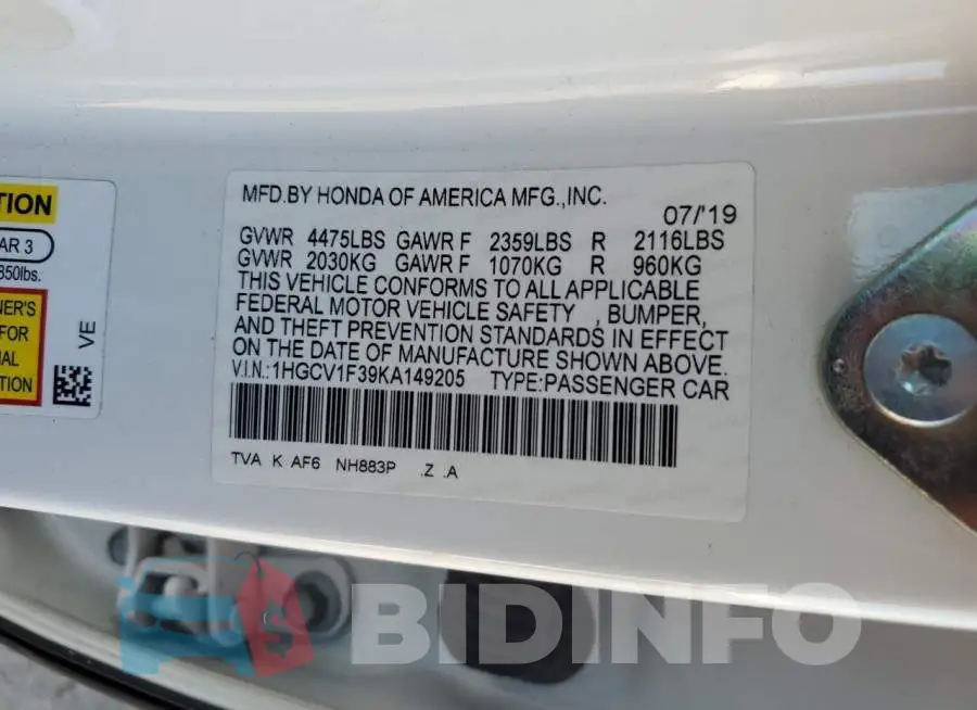 1HGCV1F39KA149205 Photo# 13