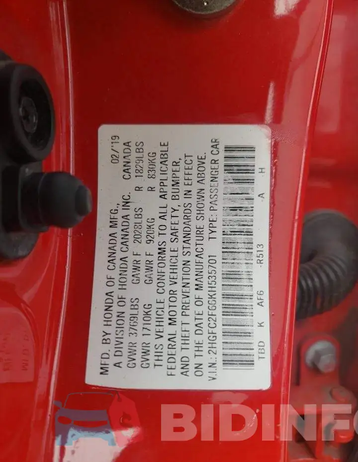 2HGFC2F66KH535701 Photo# 12