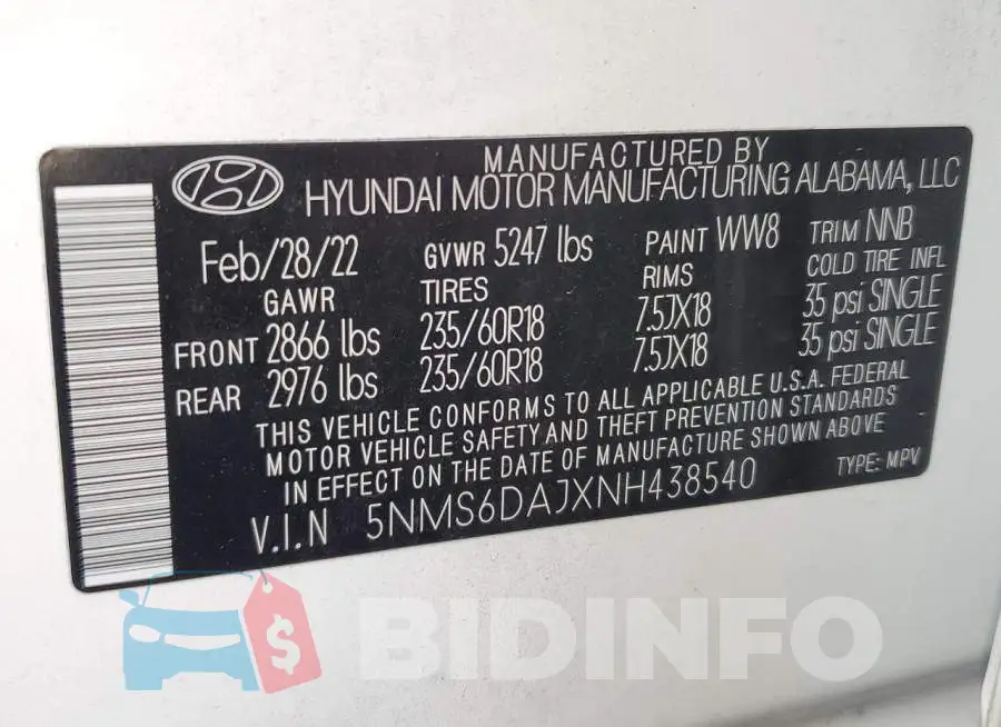 5NMS6DAJXNH438540 Photo# 14