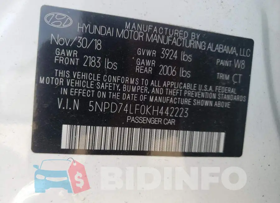 5NPD74LF0KH442223 Photo# 12