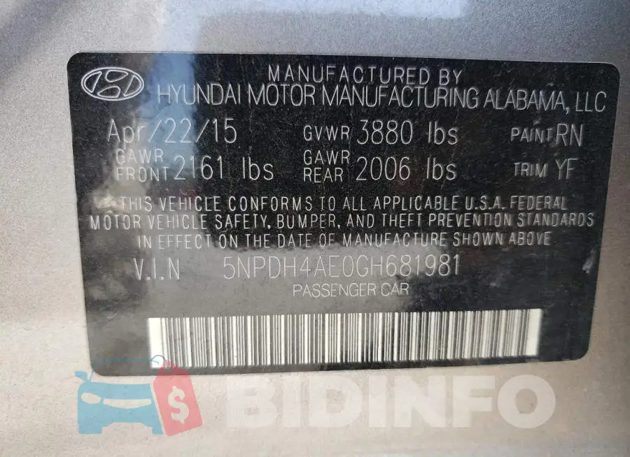 5NPDH4AE0GH681981 Photo# 13