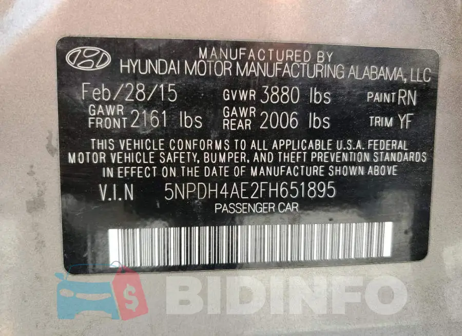 5NPDH4AE2FH651895 Photo# 12