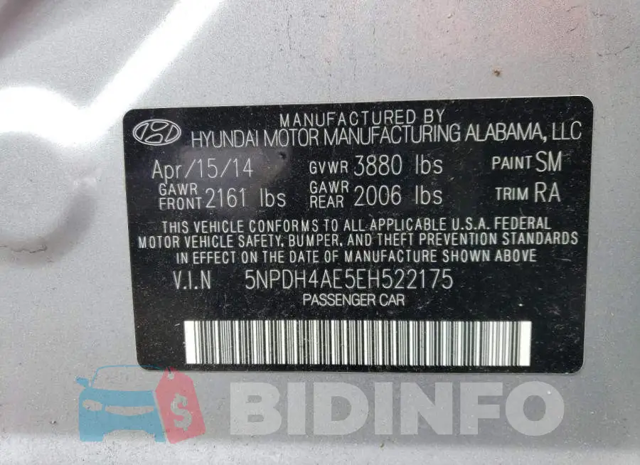5NPDH4AE5EH522175 Photo# 12