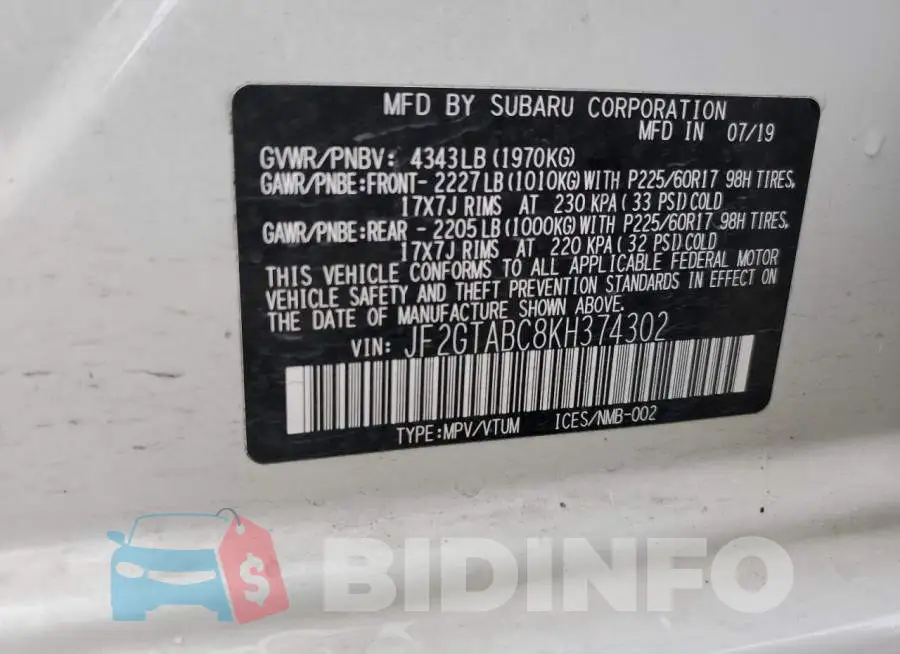 JF2GTABC8KH374302 Photo# 14