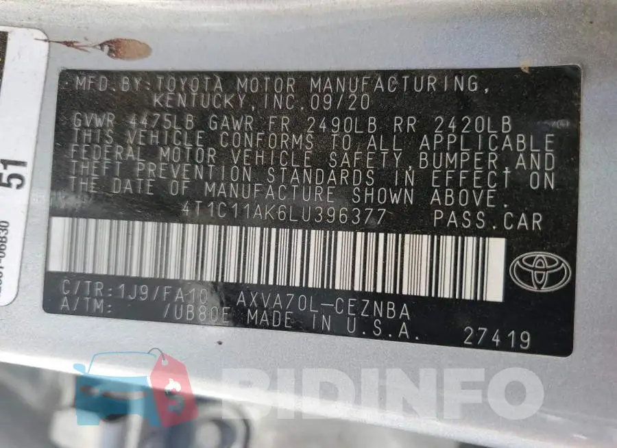 4T1C11AK6LU396377 Photo# 12