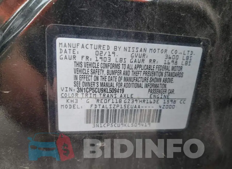 3N1CP5CU9KL509419 Photo# 13