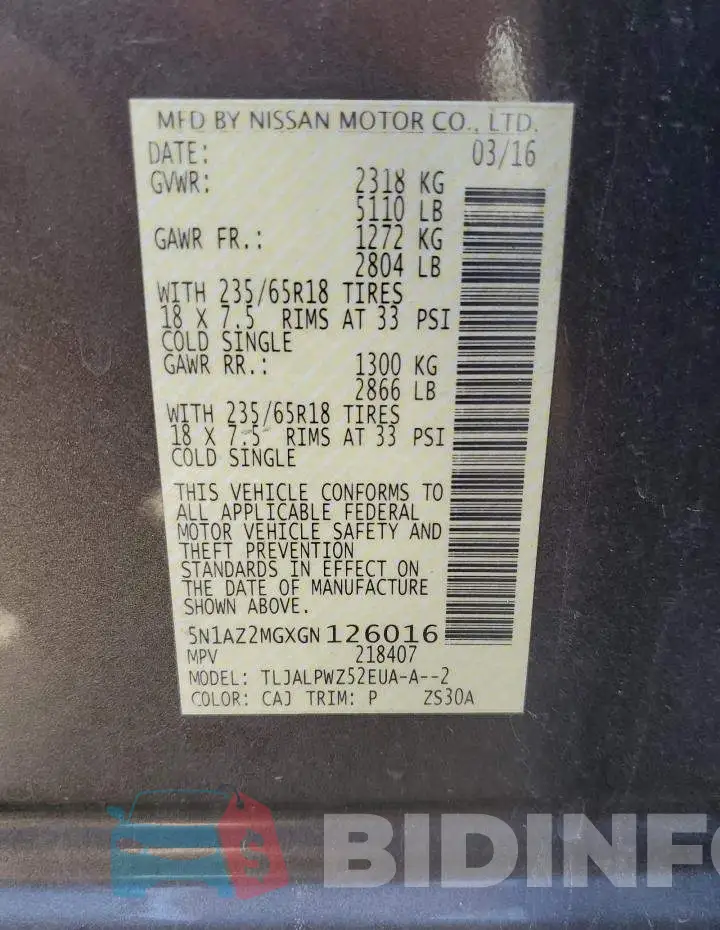 5N1AZ2MGXGN126016 Photo# 13