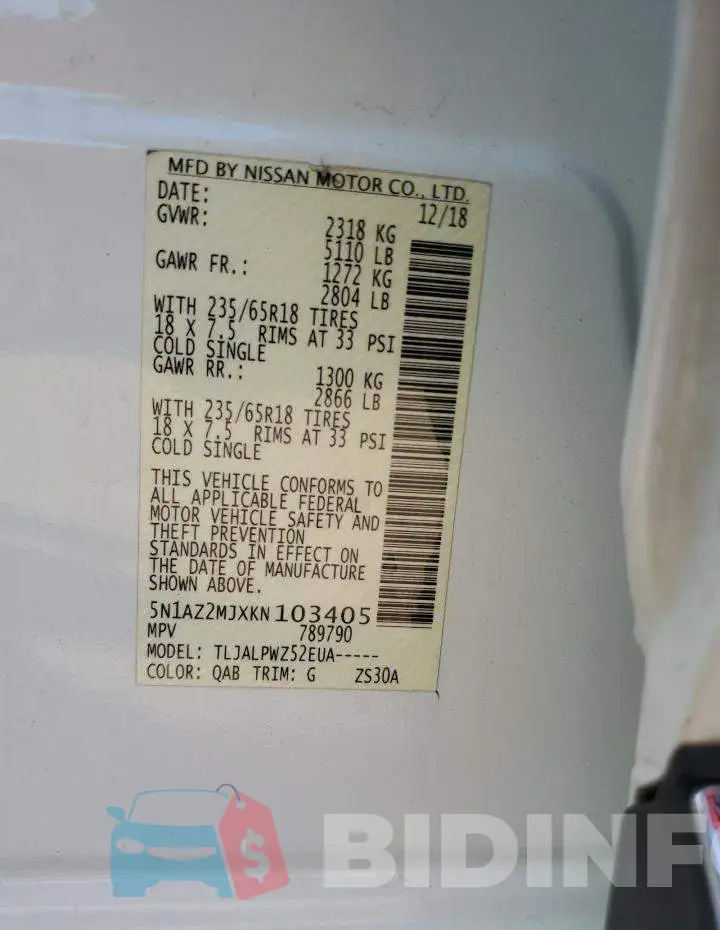 5N1AZ2MJXKN103405 Photo# 12