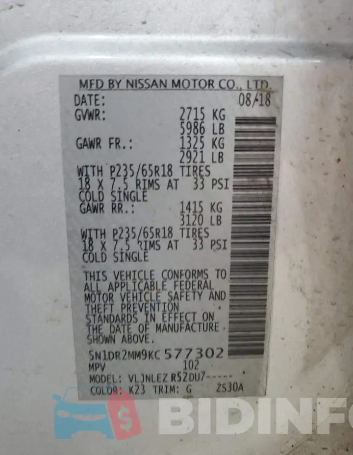 5N1DR2MM9KC577302 Photo# 14