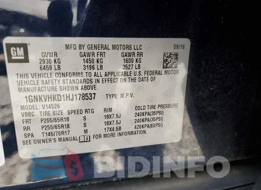 1GNKVHKD1HJ178537 Photo# 13