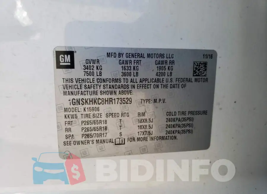 1GNSKHKC8HR173529 Photo# 13