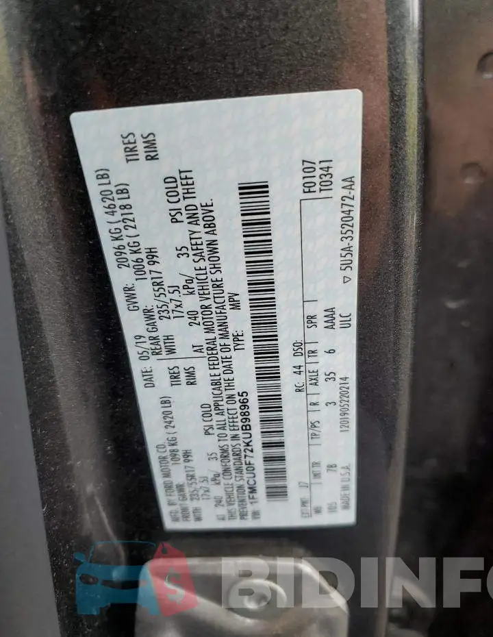 1FMCU0F72KUB98965 Photo# 13