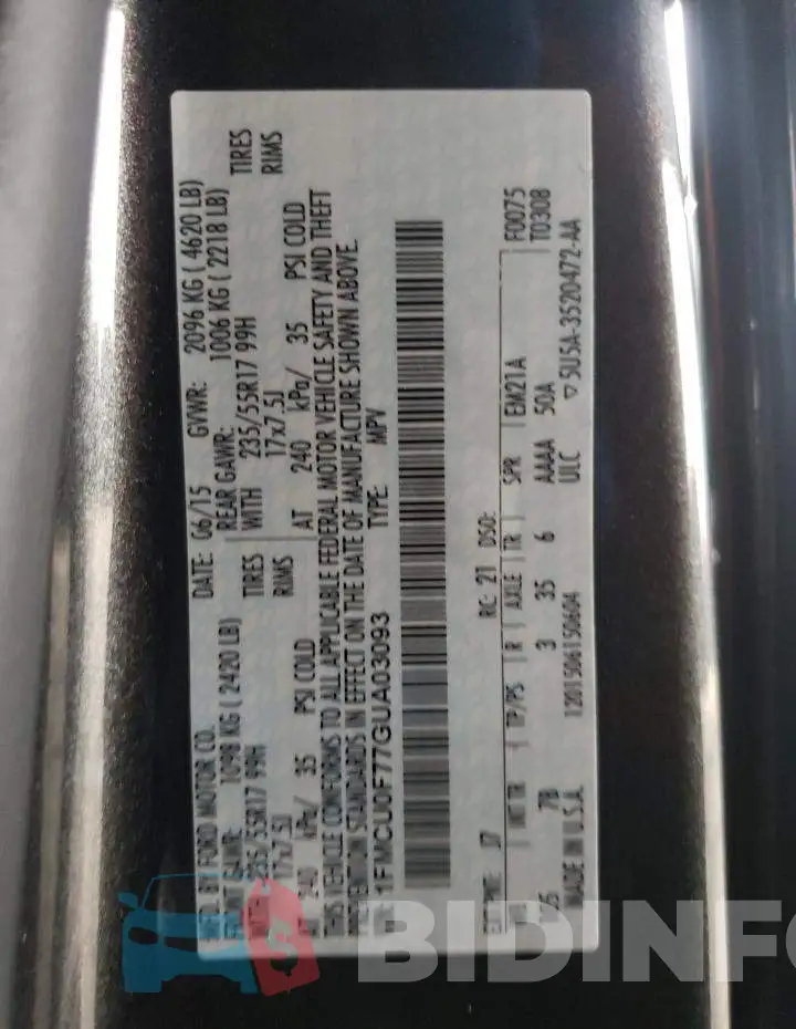 1FMCU0F77GUA03093 Photo# 13
