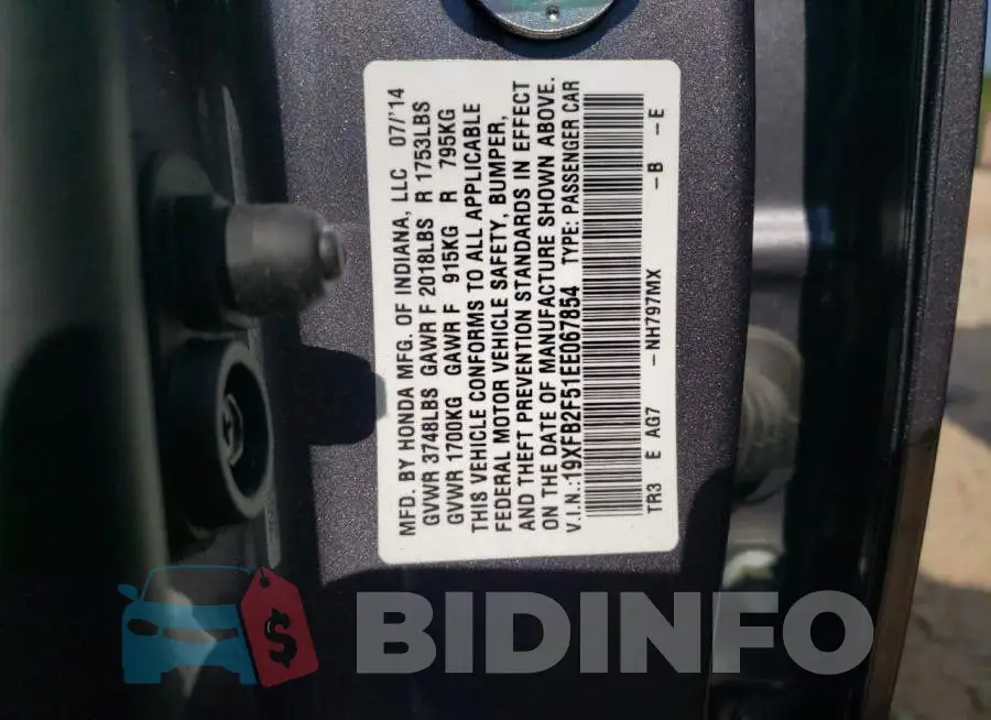 19XFB2F51EE067854 Photo# 12