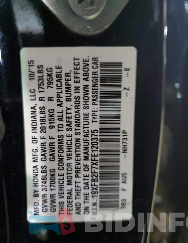 19XFB2F7XFE120375 Photo# 12