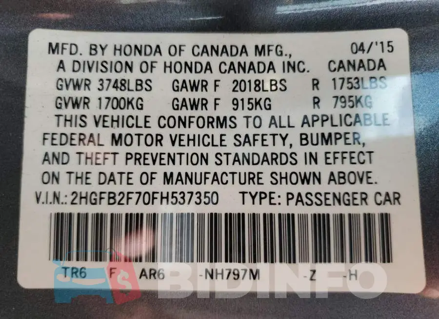 2HGFB2F70FH537350 Photo# 12
