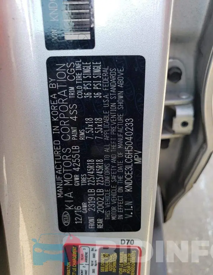 KNDCE3LC6H5040233 Photo# 12